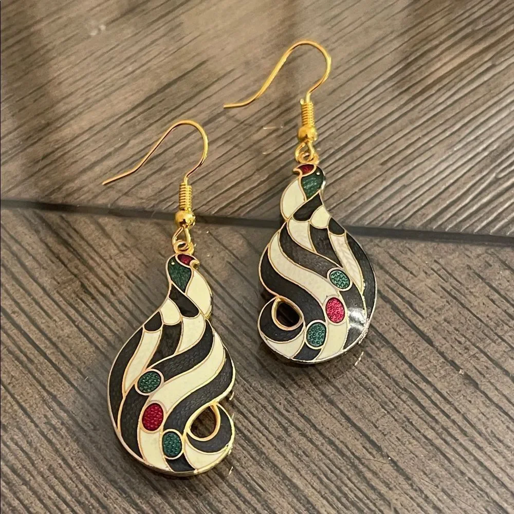 Vintage Cloisonné Black & White Striped Bird Earrings Multicolor Swirl Earrings
